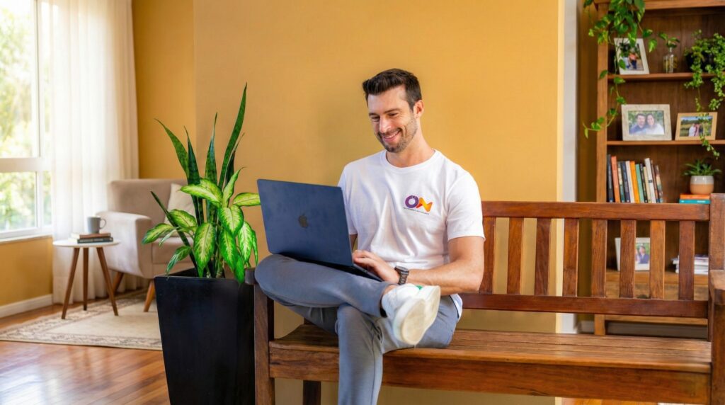 homem trabalhando home office camisa on branca expandido