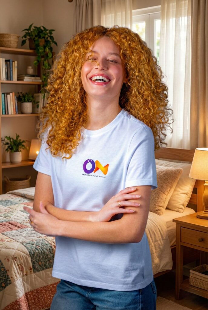 mulher ruiva sorrindo camisa on branca